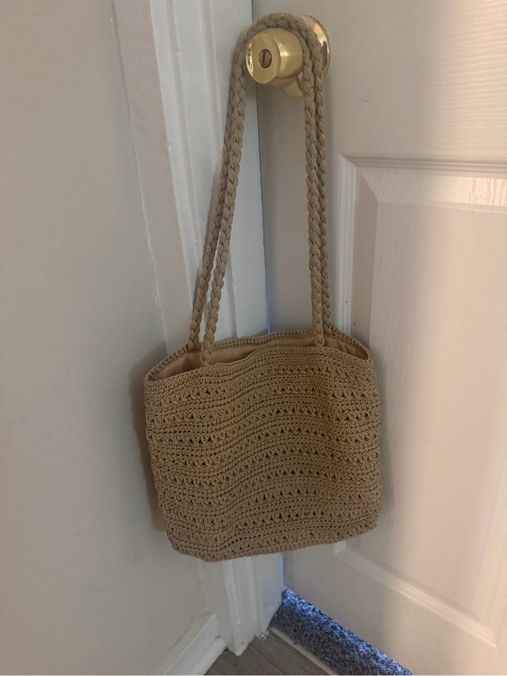 Woven Crochet Shoulder Tote Bag in Beige